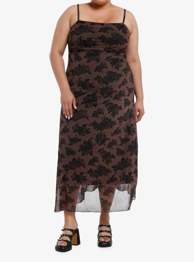 Thorn & Fable Brown Rose Ruched Mesh Midaxi Dress Plus