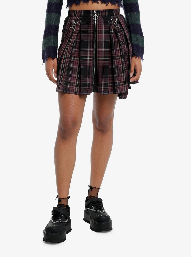 Black & Purple Plaid Zipper Suspender Skirt