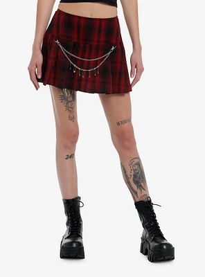 Social Collision Red Plaid Chain Safety Pin Skirt