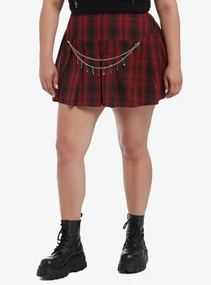 Social Collision Red Plaid Chain Safety Pin Skirt Plus