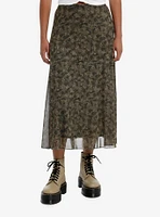 Social Collision Skeleton Flowers Green Mesh Midi Skirt