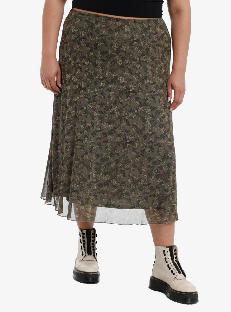 Social Collision Skeleton Flowers Green Mesh Midi Skirt Plus