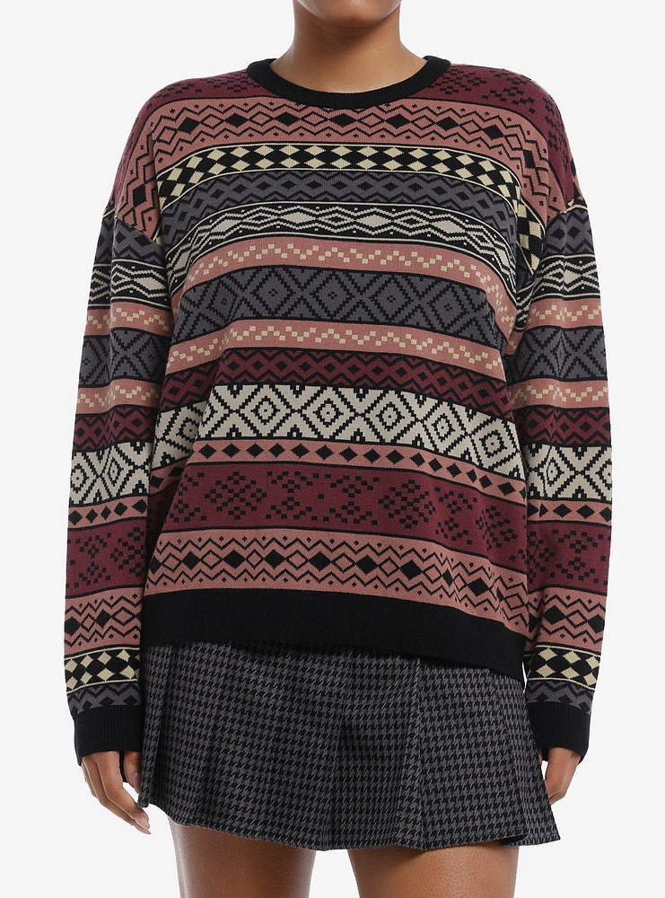 Social Collision Earth-Tone Pattern Stripe Girls Sweater