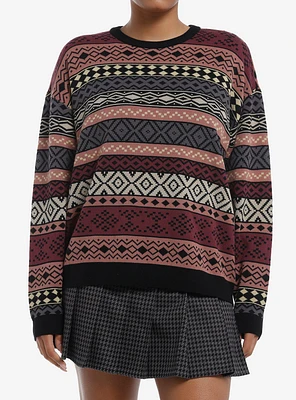 Social Collision Earth-Tone Pattern Stripe Girls Sweater