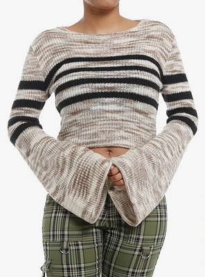 Social Collision Cream & Black Stripe Girls Crop Sweater