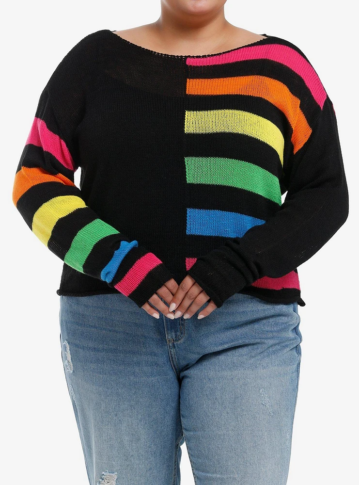 Social Collision Split Rainbow Boxy Knit Sweater Plus