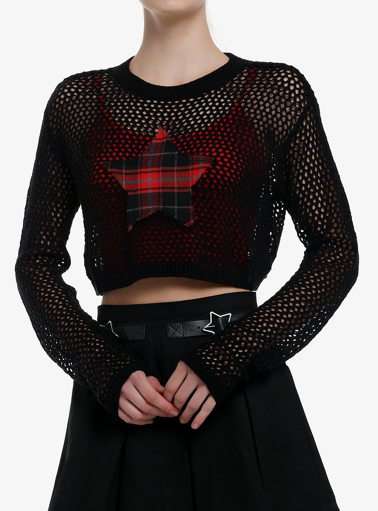 Social Collision Red Plaid Star Fishnet Girls Crop Sweater