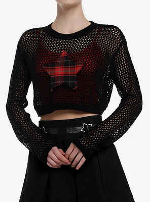 Social Collision Red Plaid Star Fishnet Girls Crop Sweater
