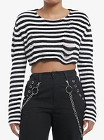 Social Collision Black & White Stripe Destructed Girls Crop Sweater