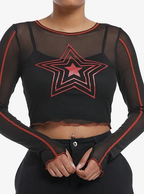 Social Collision Red Star Mesh Girls Crop Long-Sleeve Twofer