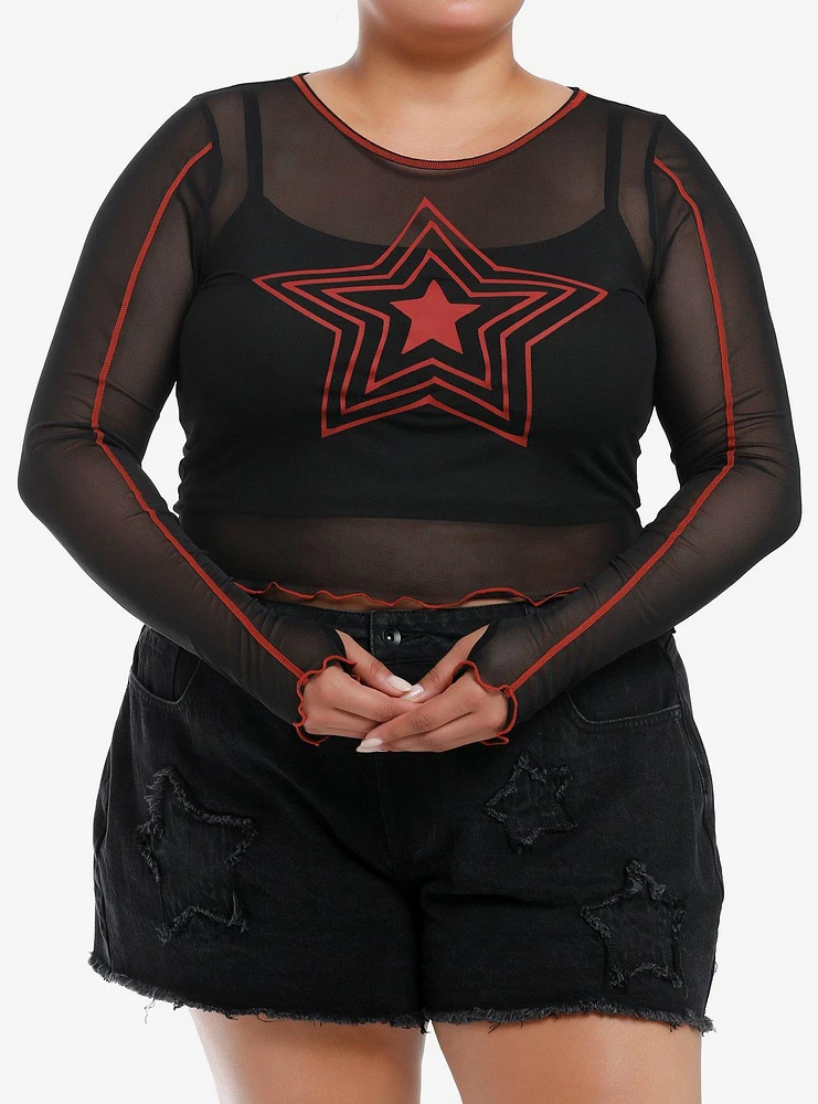 Social Collision Red Star Mesh Girls Crop Long-Sleeve Twofer Plus