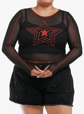 Social Collision Red Star Mesh Girls Crop Long-Sleeve Twofer Plus