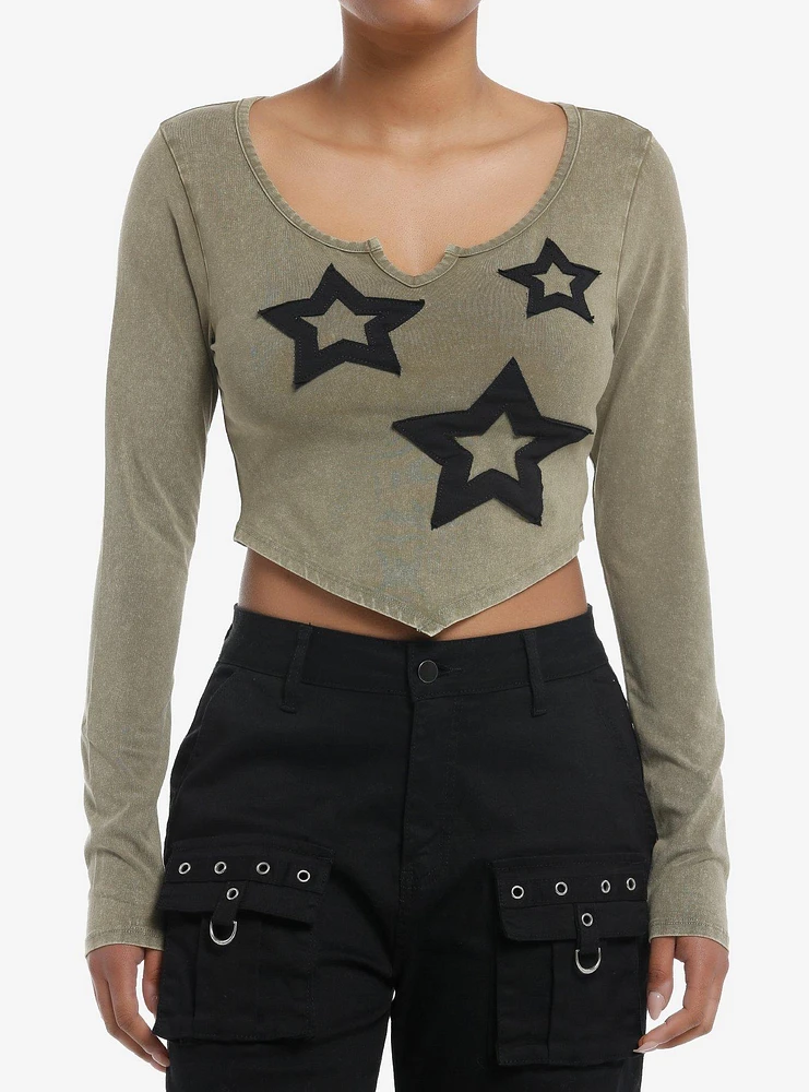 Social Collision Olive Star Patch Girls Crop Long-Sleeve Shirt