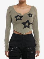 Social Collision Olive Star Patch Girls Crop Long-Sleeve Shirt