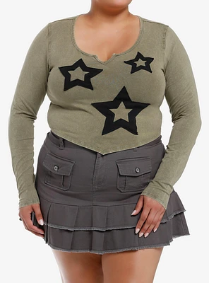 Social Collision Olive Star Patch Girls Crop Long-Sleeve Shirt Plus