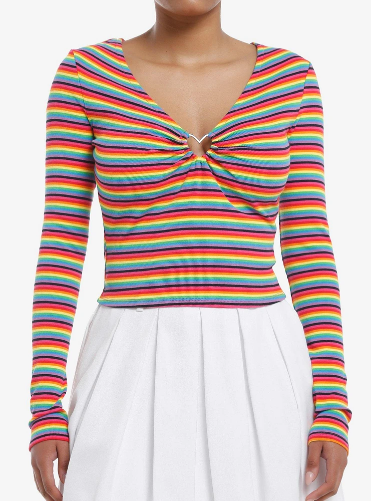 Social Collision Rainbow Heart Hardware Long-Sleeve Top