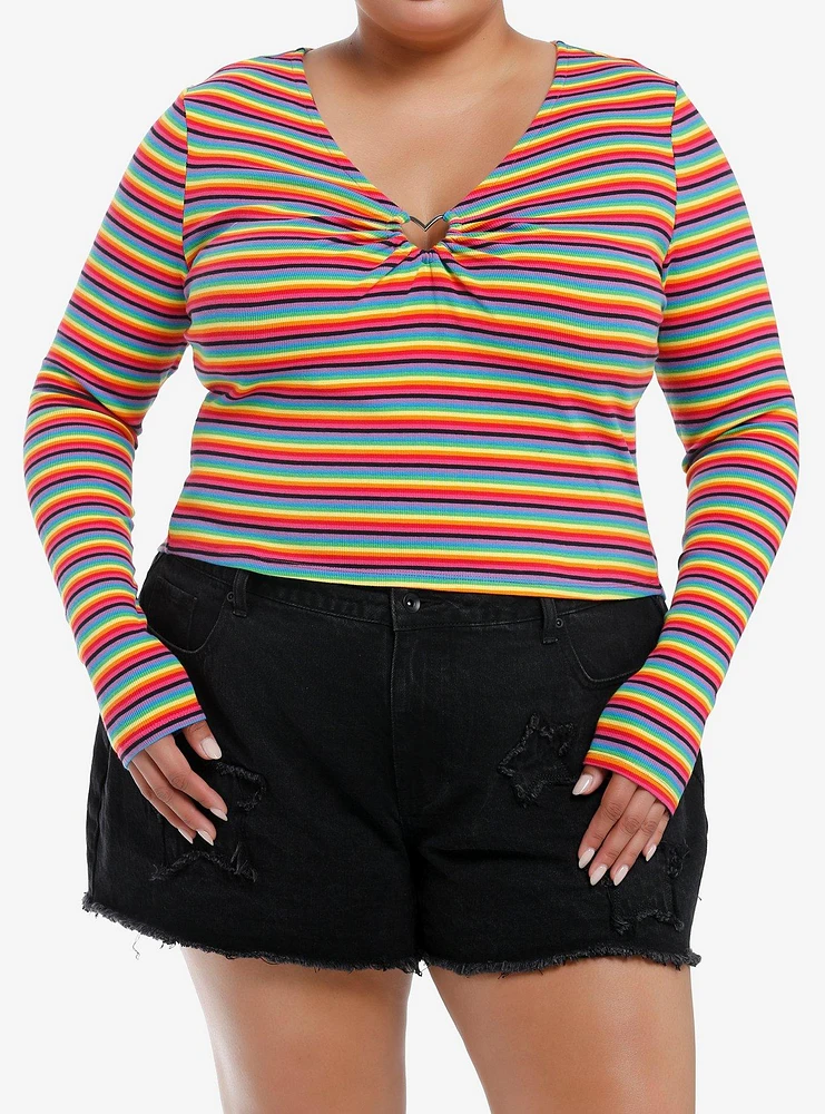 Social Collision Rainbow Heart Hardware Long-Sleeve Top Plus