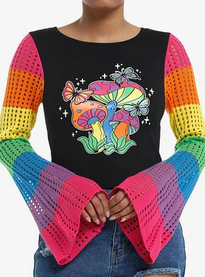 Social Collision Crochet Rainbow Mushroom Long-Sleeve Top