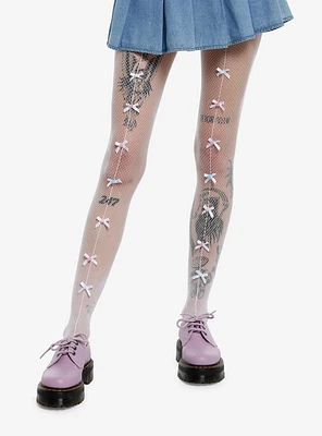 White Bow Pom Fishnet Tights