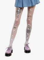 White Bow Pom Fishnet Tights