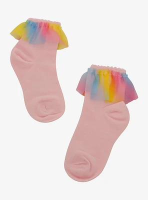 Pink Rainbow Ruffle Ankle Socks