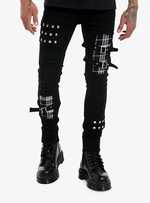 Black & White Plaid Patch Stinger Jeans