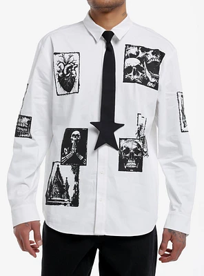 Social Collision Skull Grave Patch Long-Sleeve Woven Button-Up With Tie