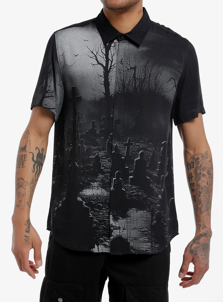 Cemetery Scene Woven Button-Up