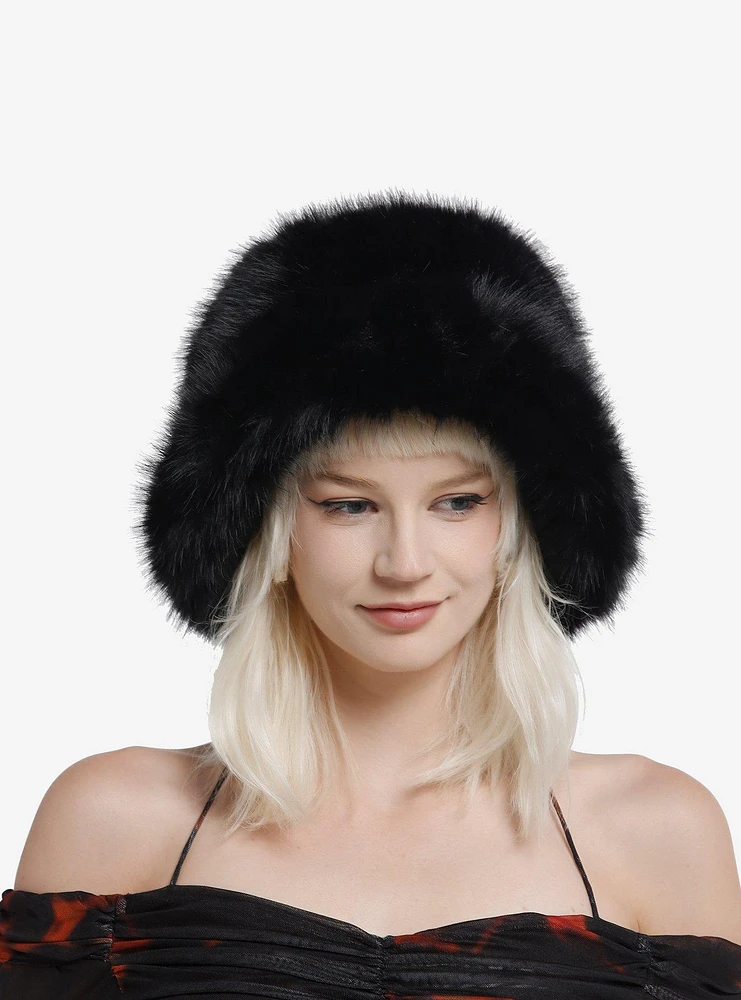 Black Brushed Faux Fur Hat