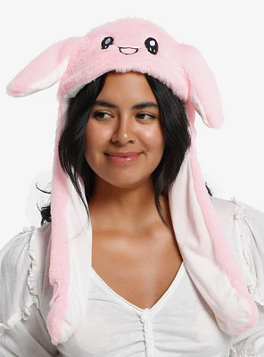 Pink Kawaii Bunny Fuzzy Tassel Beanie With Moveable Ears