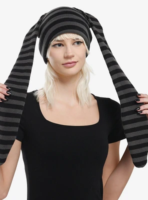 Black & Grey Stripe Long Bunny Ear Beanie