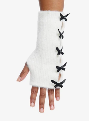 Fuzzy White Black Bow Fingerless Gloves