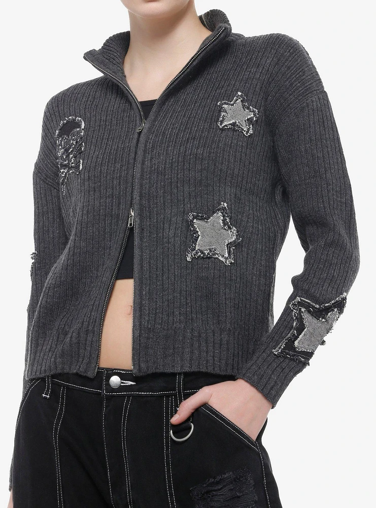 Star & Skull Patches Grey Knit Girls Jacket