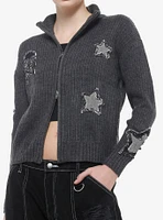 Star & Skull Patches Grey Knit Girls Jacket