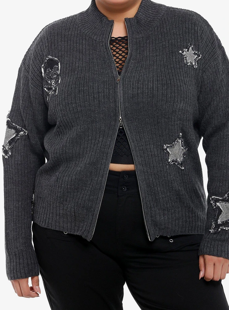 Star & Skull Patches Grey Knit Girls Jacket Plus