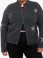 Star & Skull Patches Grey Knit Girls Jacket Plus