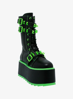 YRU Black & Neon Green Spiked Trance Platform Boots