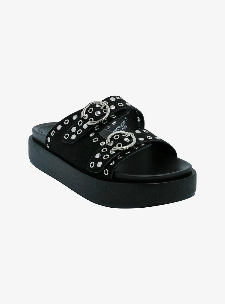Azalea Wang Black & Silver Grommet Platform Buckle Sandals