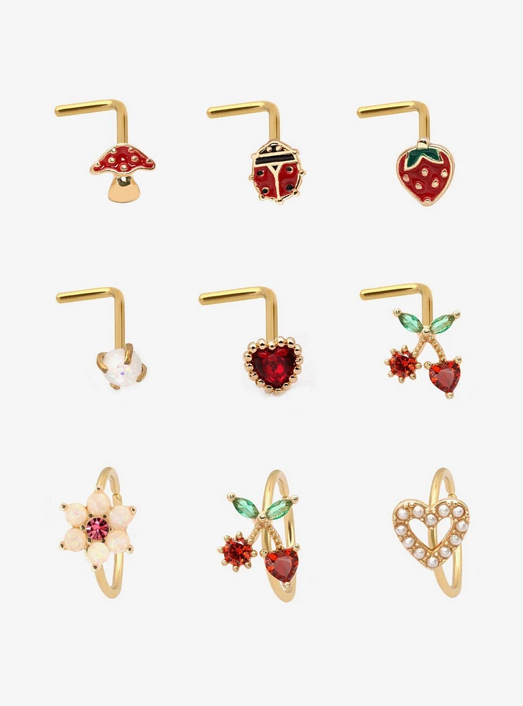 Steel Gold Cherry Heart Nose Stud & Hoop 9 Pack