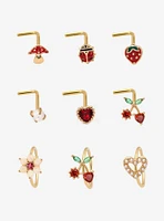 Steel Gold Cherry Heart Nose Stud & Hoop 9 Pack