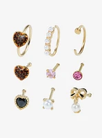 Steel Gold Leopard Heart Pearl Nose Stud & Hoop 9 Pack