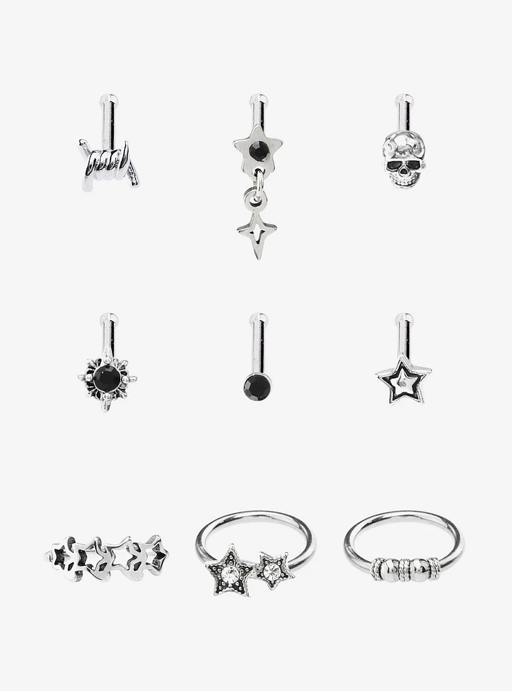 Steel Skull Star Barbed Wire Nose Stud & Hoop 9 Pack