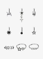 Steel Skull Star Barbed Wire Nose Stud & Hoop 9 Pack