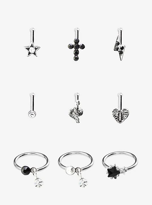 Steel Silver Snake & Cross Nose Stud Captive Hoop 9 Pack