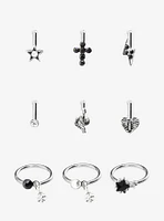 Steel Silver Snake & Cross Nose Stud Captive Hoop 9 Pack