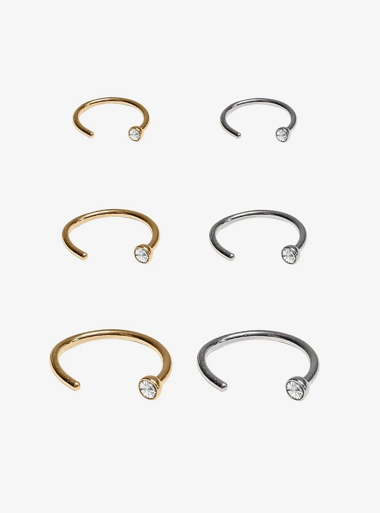 Steel Silver & Gold Gem Nose Open Hoop 6 Pack