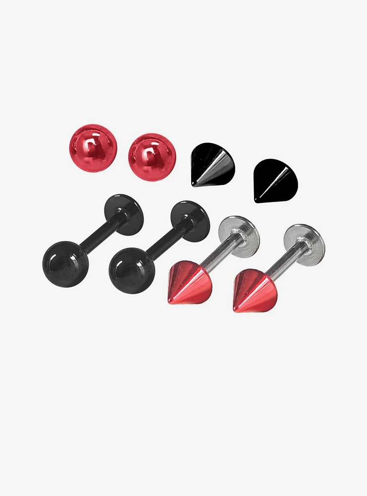 16G Steel Black & Red Labret Stud 4 Pack