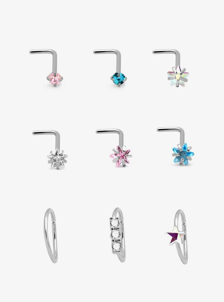 Steel Star Bling Nose Stud & Hoop 9 Pack