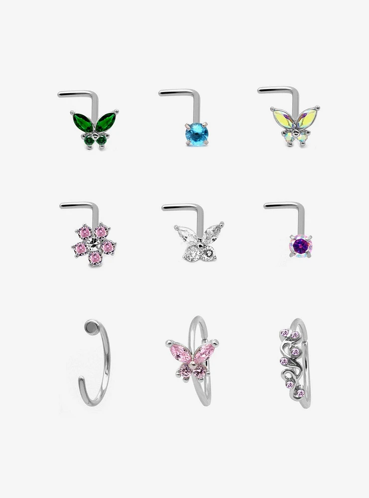 Steel Butterfly Bling Nose Stud & Hoop 9 Pack