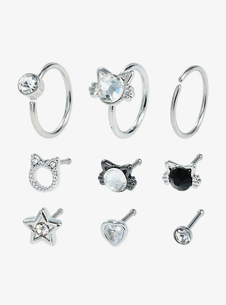 Steel Cat Bling Nose Stud & Hoop 9 Pack